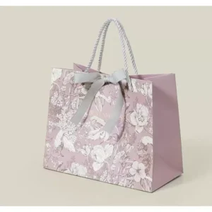 ถุงกระดาษของขวัญลายดอกไม้ สีชมพู พร้อมริบบิ้น BEST WISHES