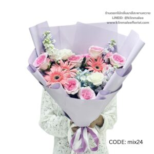 ช่อกุหลาบชมพูพาสเทลฟ้า