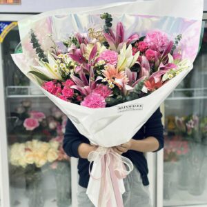 ช่อลิลลี่ชมพูดอกผสมทรงกลม